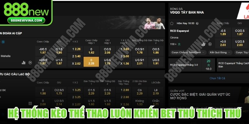 Hệ thống kèo thể thao 888NEW luôn khiến cho bet thủ thích thú